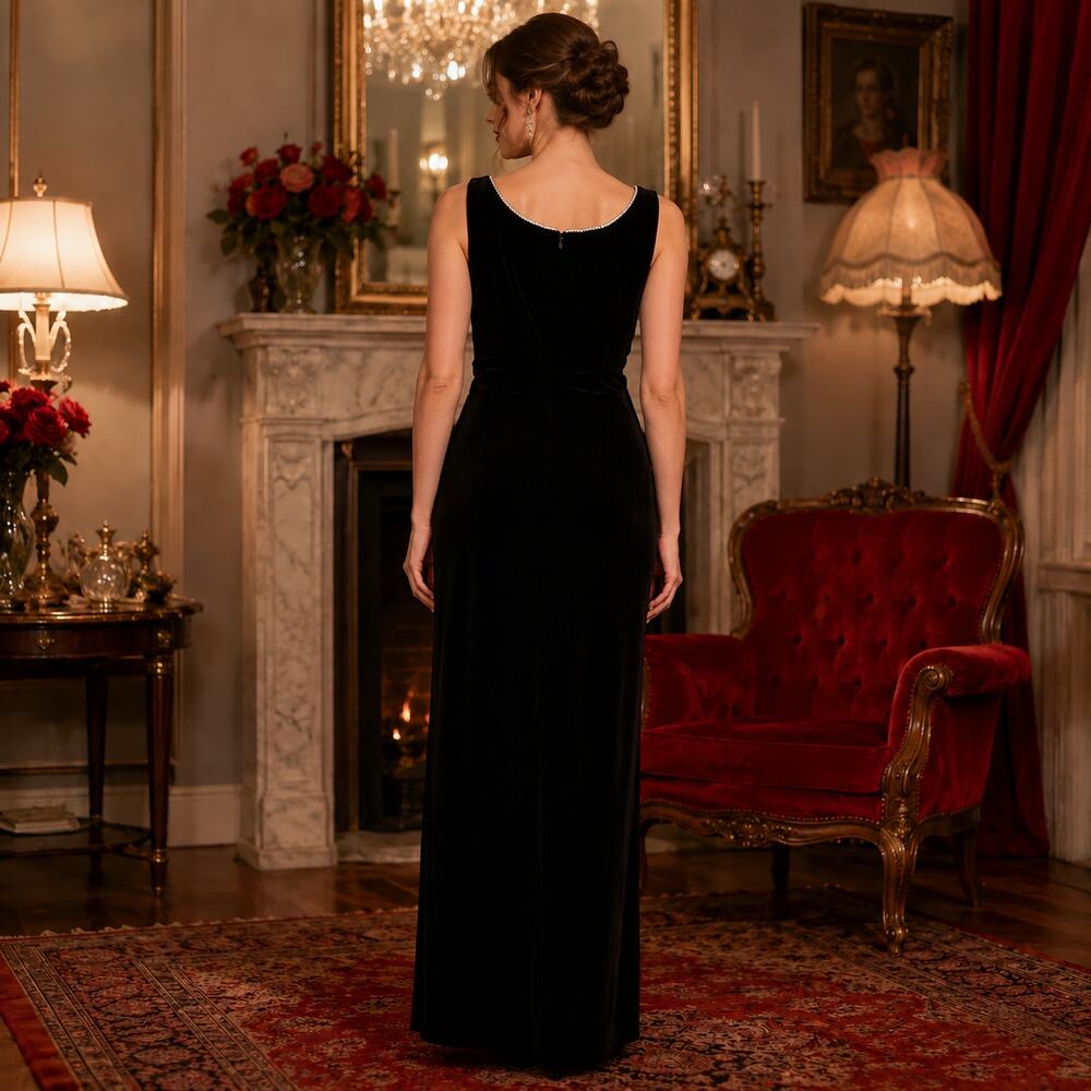 90s Vintage Black Velour Evening Gown Rhinestone Trim Formal Black Tie Dress - M - Picture 2 of 10